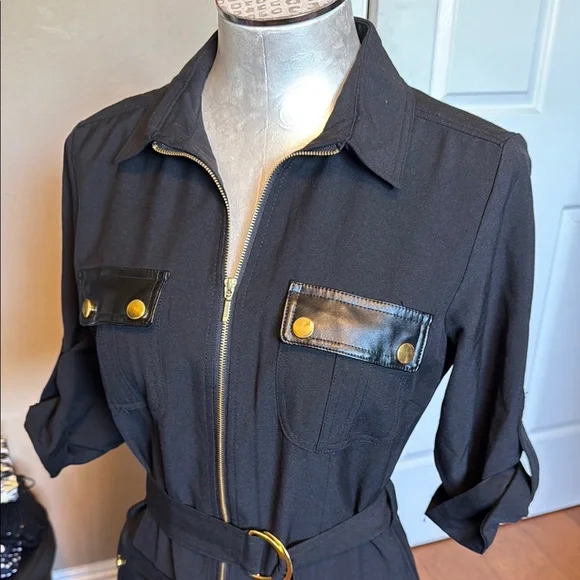 Like New Sharagano Women’s Front Zip Black Shirt Dress 3/4 sleeves size 4 - Picture 2 of 12